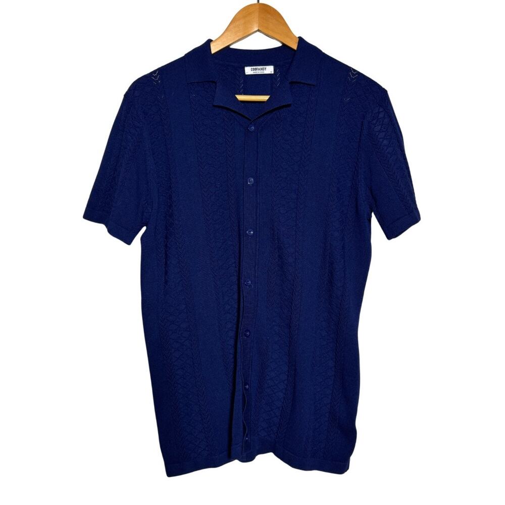 COOFANDY Navy Knit Button Down Shirt Men’s Medium Textured Resort Polo